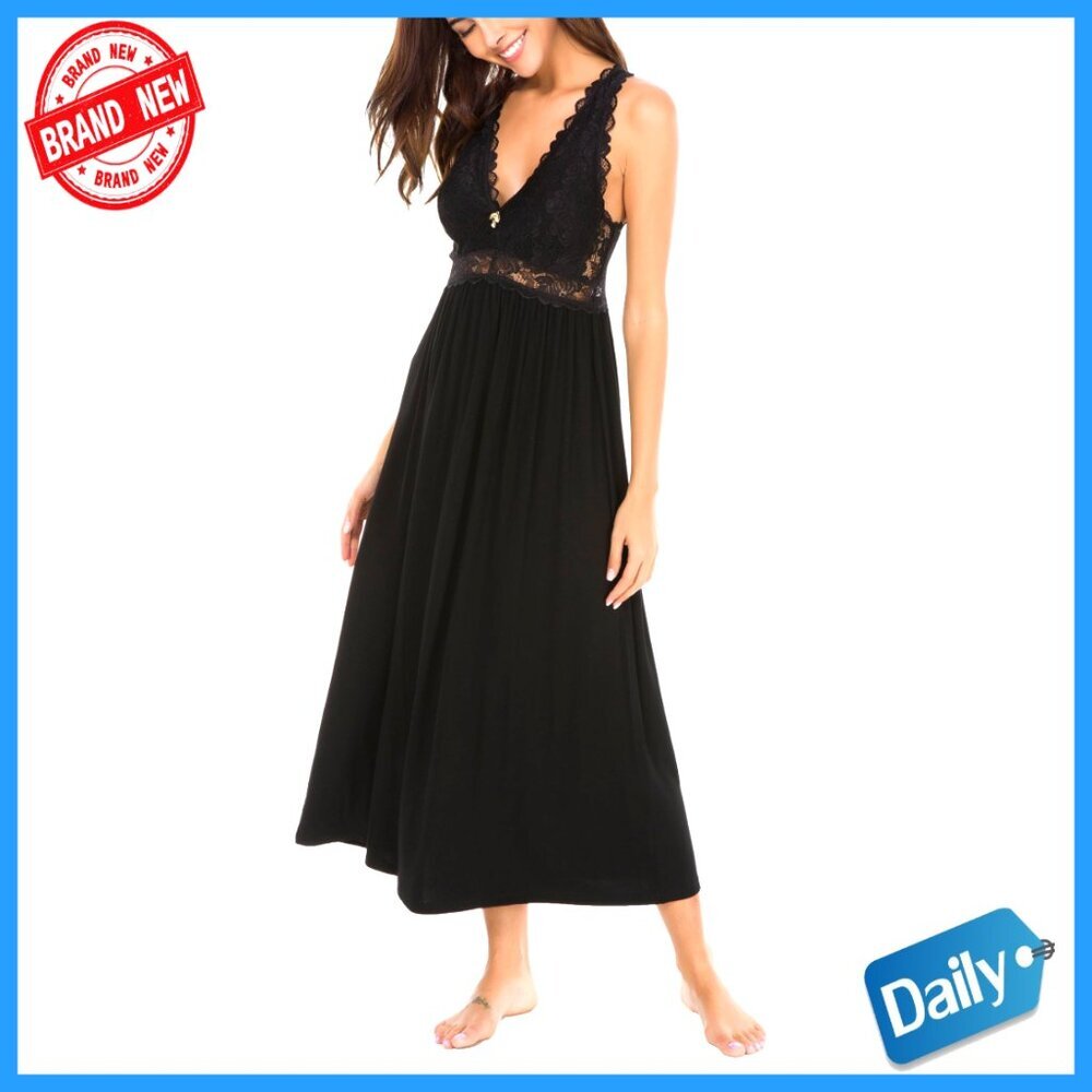 Long Floral Lace Chemise Elegant Sleepwear Silky Nightgown Adjustable Straps